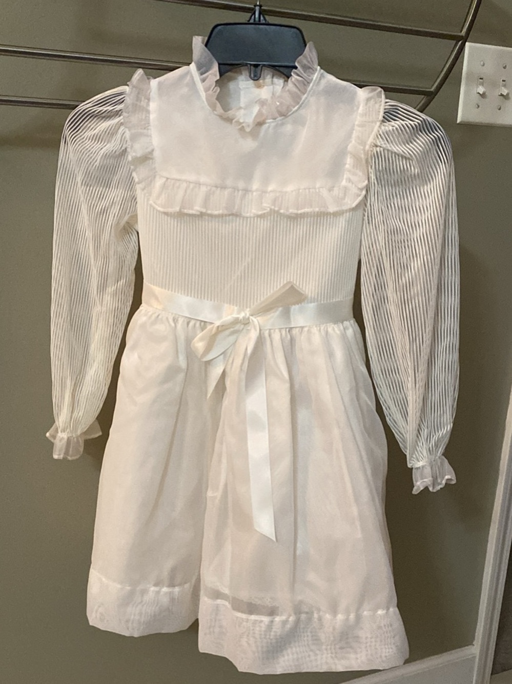 White Ruffle-Trim Girls' Dress with Sheer Long Sleeves